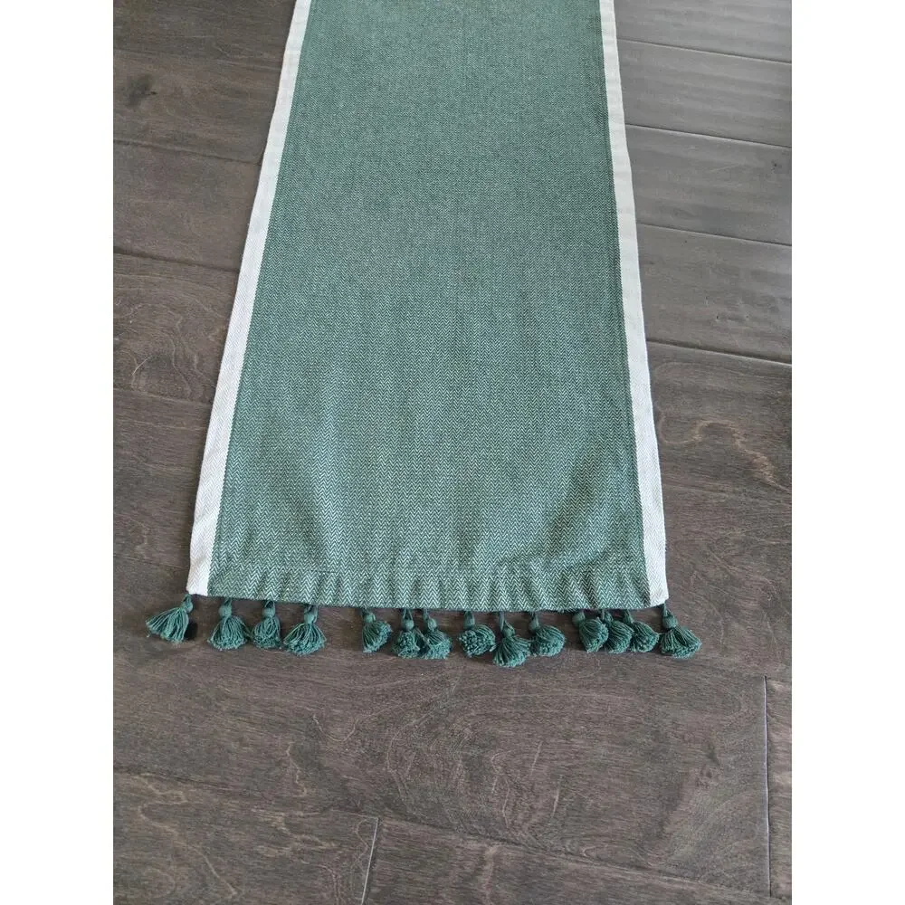 Green Herringbone Tassel Table Runner Farmhouse Boho 66